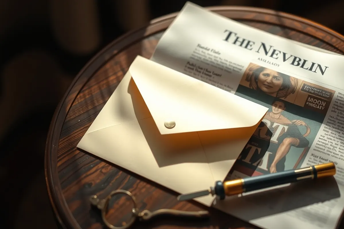 A sealed envelope on a walnut side table in morning light