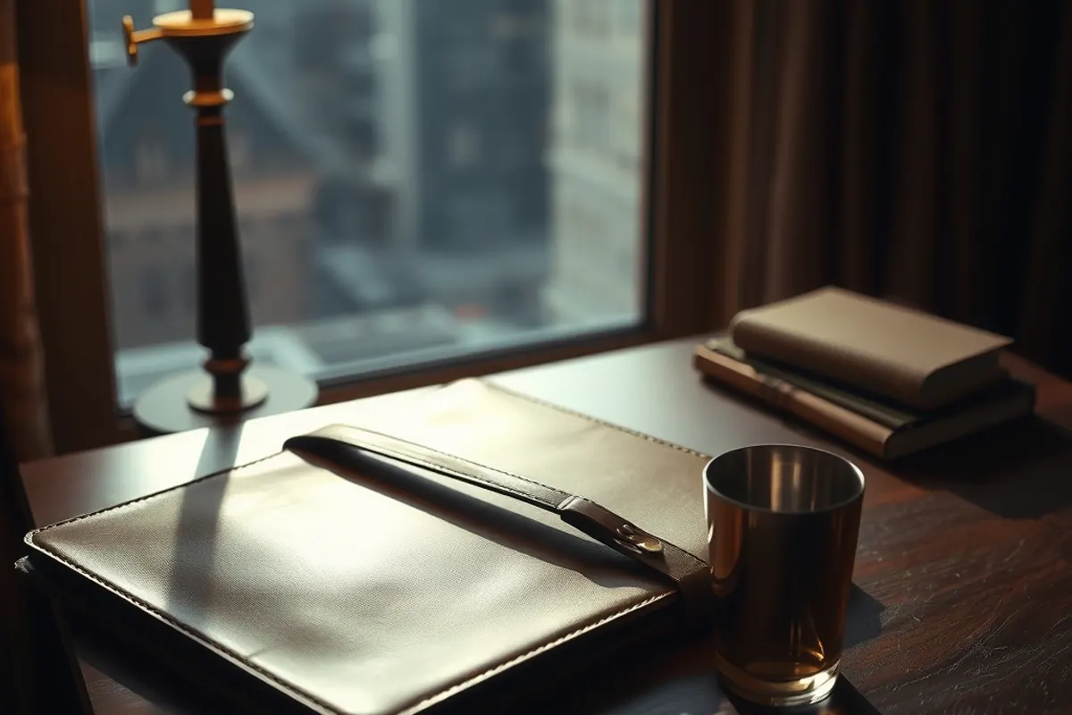 A closed leather portfolio at the end of a long day
